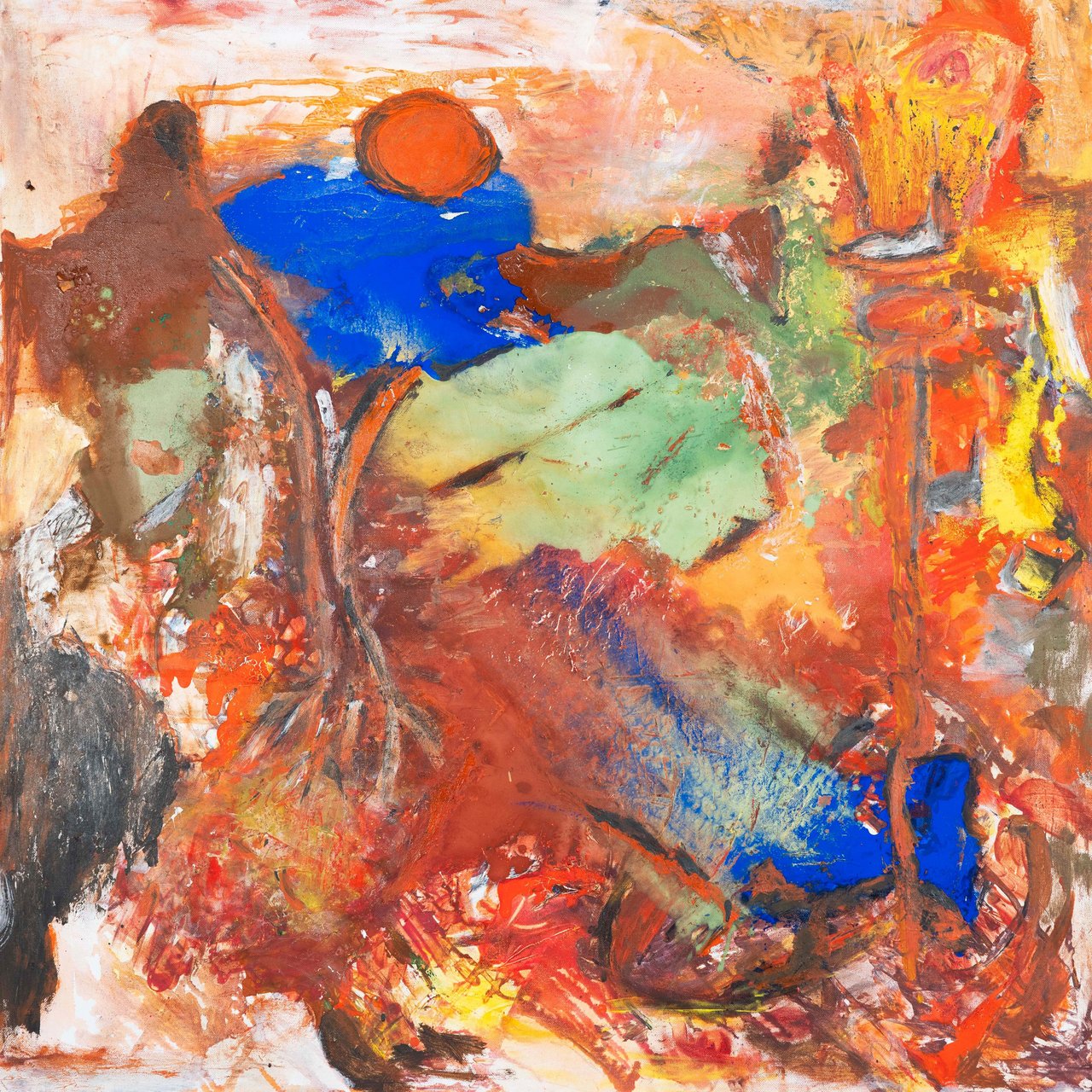 Ein abstraktes Acrylgemälde in den Farben blau, gelb orange und schwarz