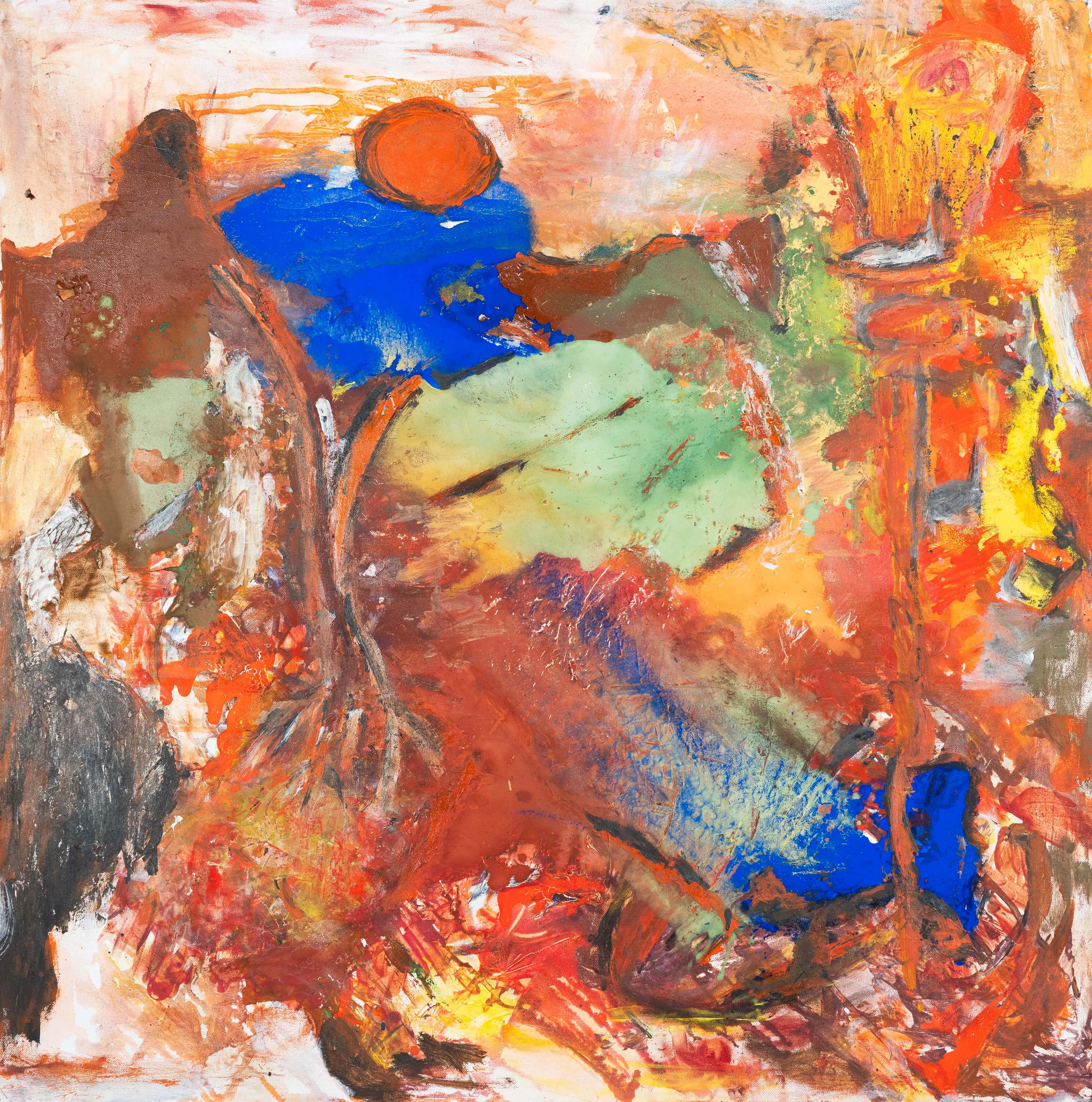 Ein abstraktes Acrylgemälde in den Farben blau, gelb orange und schwarz