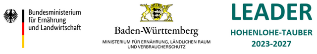 Logos des Bundesministerium für Ernährung und Landwirtschaft, des Ministeriums für Ernährung, ländlichen Raum und Verbraucherschutz wie auch der LEADER Hohenlohe-Tauber
